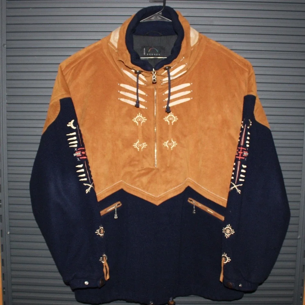 Bogner Jacket Mens XL Brown Navy Blue Fleece 1/4 Zip Western Southwestern VTG
